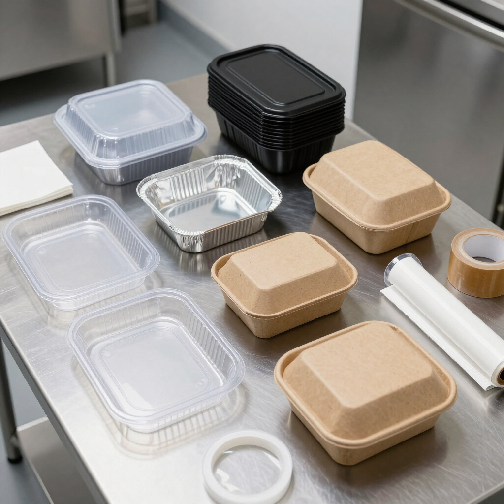 Una mesa de cocina de acero inoxidable contiene diversos recipientes desechables para alimentos.