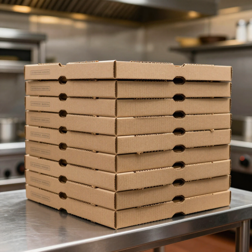 Una pila de diez cajas de pizza de cartón marrón liso sobre una encimera de acero inoxidable de una cocina comercial.