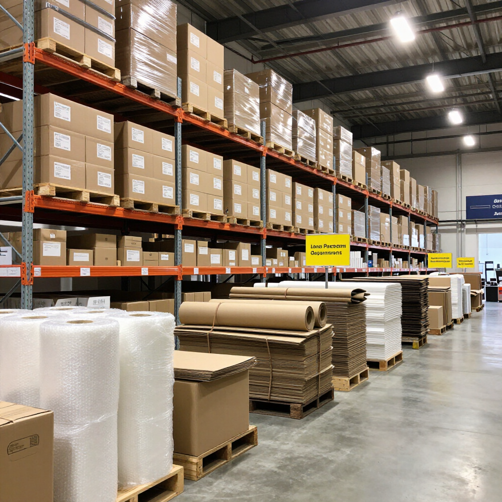 El interior del almacén presenta estanterías altas repletas de cajas de cartón y palés de material de embalaje.