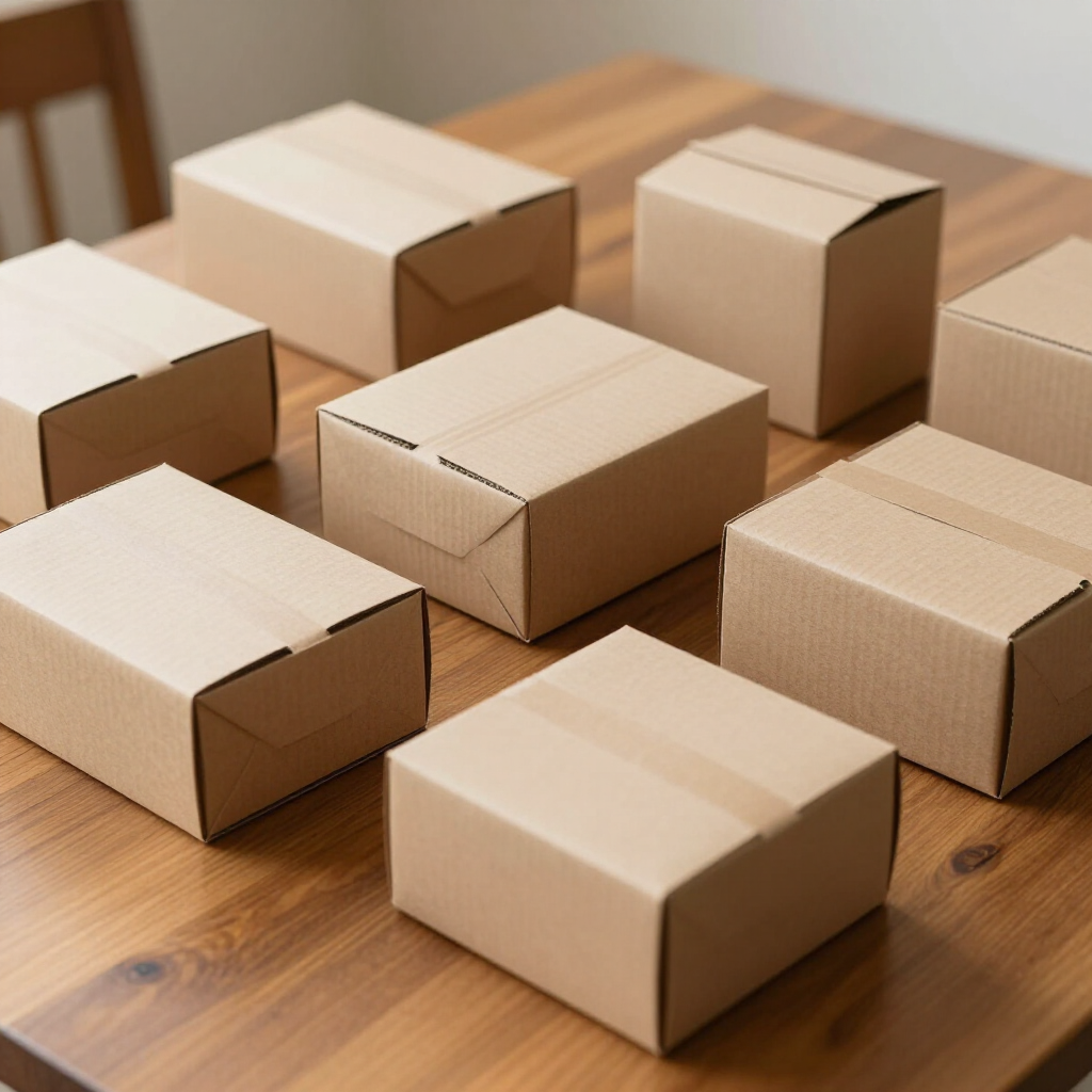 Varias cajas de cartón lisas de color marrón claro están dispuestas sobre una mesa de madera.