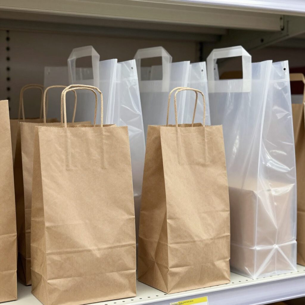 Bolsas de papel marrón y bolsas de plástico transparente con asas colocadas en un estante de una tienda.