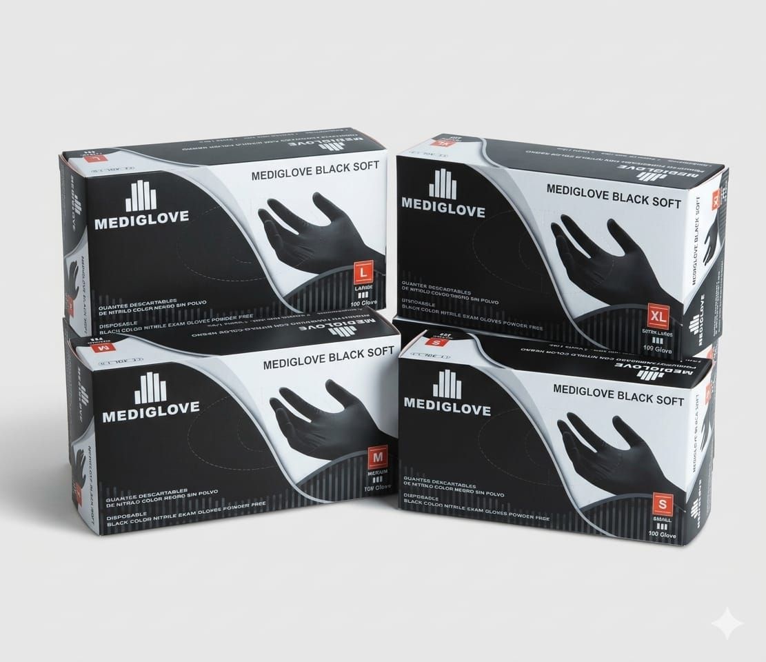 Una caja de guantes desechables de nitrilo negro sin polvo Mediglove para examen, talla grande,mediana y pequeña, que contiene 100 guantes.