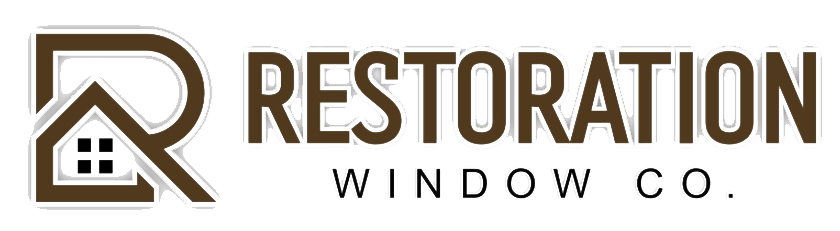 Logo for Restoration Window Co. with a stylized "R" and house icon. Brown and white color scheme.