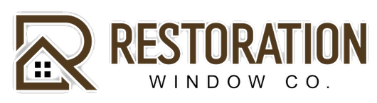 Logo for Restoration Window Co. with a stylized "R" and house icon. Brown and white color scheme.