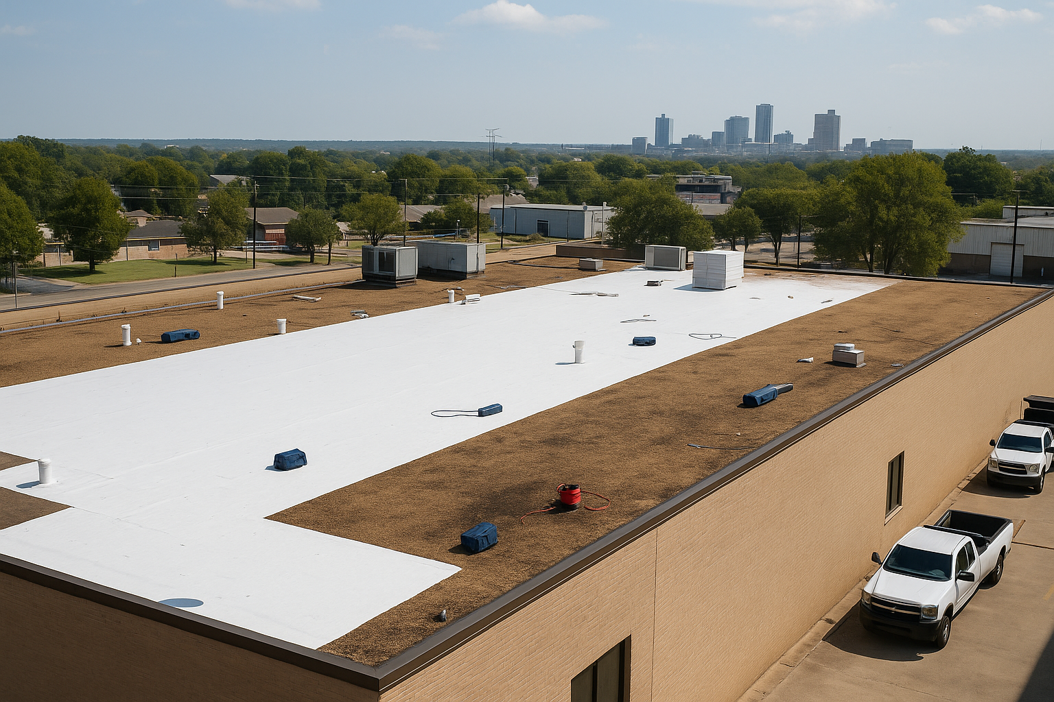 Flat commercial roof with white membrane and dirt/vegetation border. City skyline in the distance.