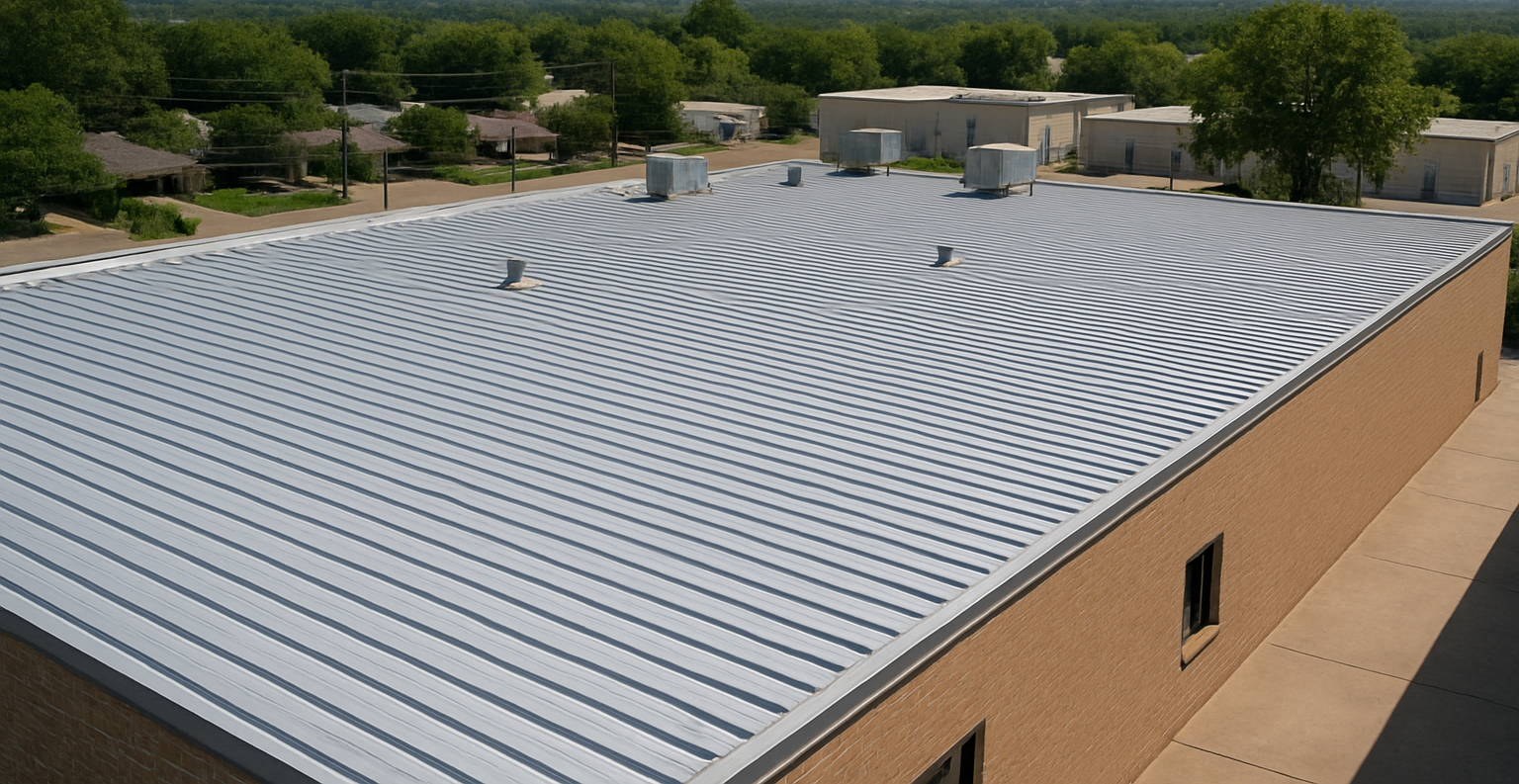 Flat, corrugated metal roof on a tan commercial building, trees in the background on a sunny day.
