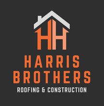 Logo for Harris Brothers Roofing & Construction, featuring an orange house icon with 'HH' inside, and text in orange and white on a dark gray background.
