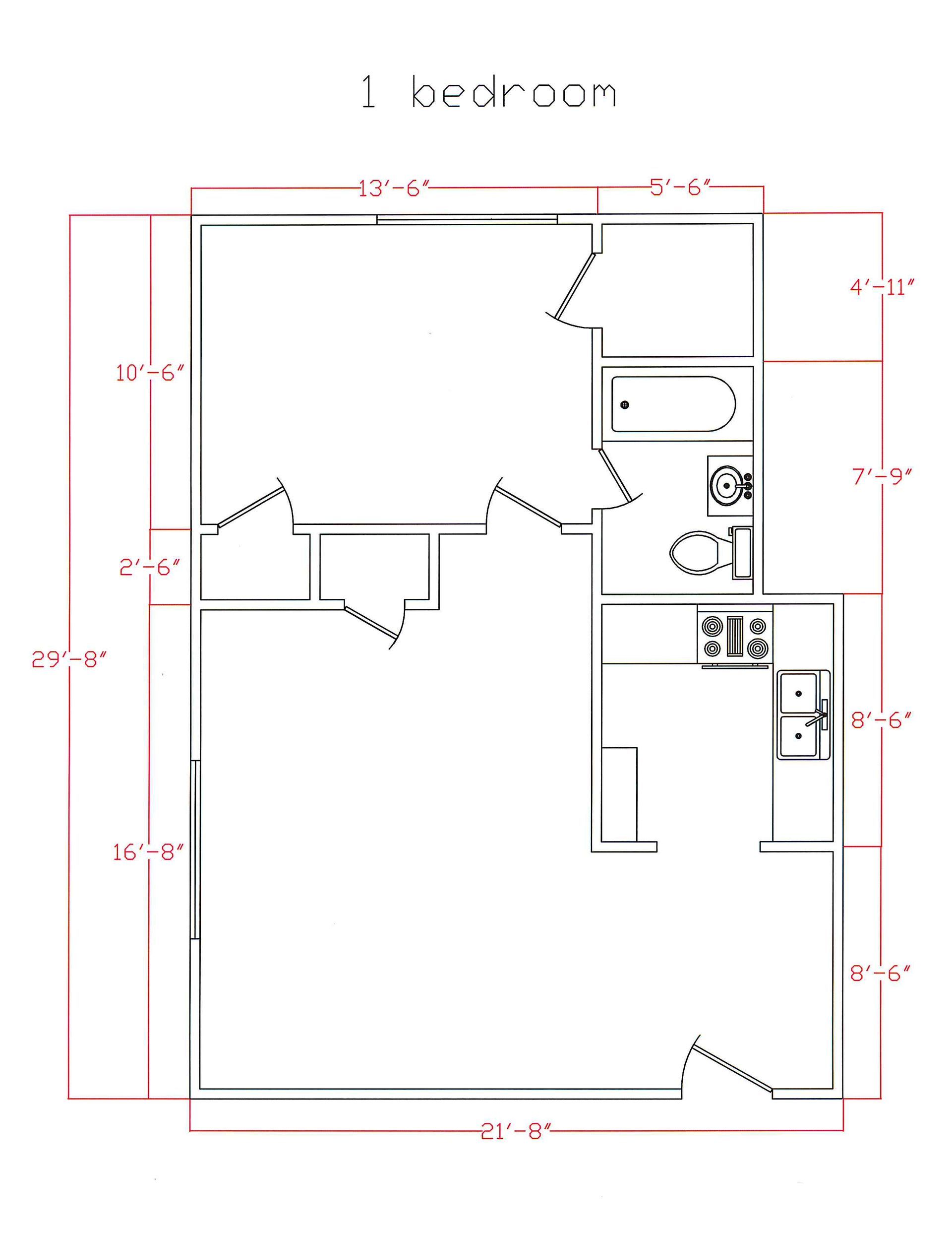 Floor plan for a one-bedroom apartment with a bathroom, kitchen, and living area, including room dimensions.
