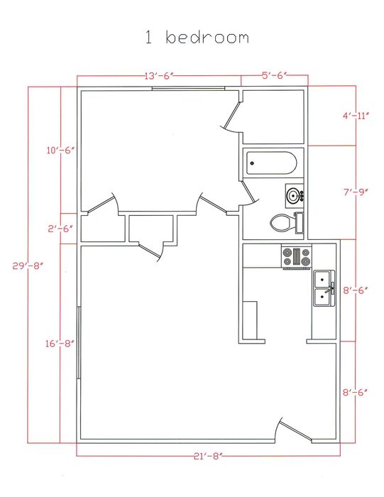 Floor plan for a one-bedroom apartment with a bathroom, kitchen, and living area, including room dimensions.
