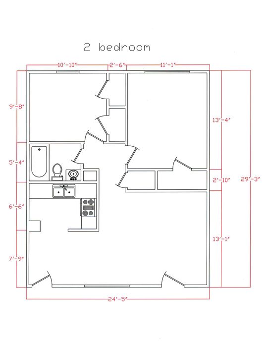 Floor plan for a studio apartment with a bathroom, kitchen area, and main living space, labeled with various dimensions.