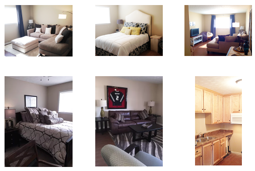 A collage shows six interior views of a furnished apartment, including living rooms, bedrooms, and a small kitchen.