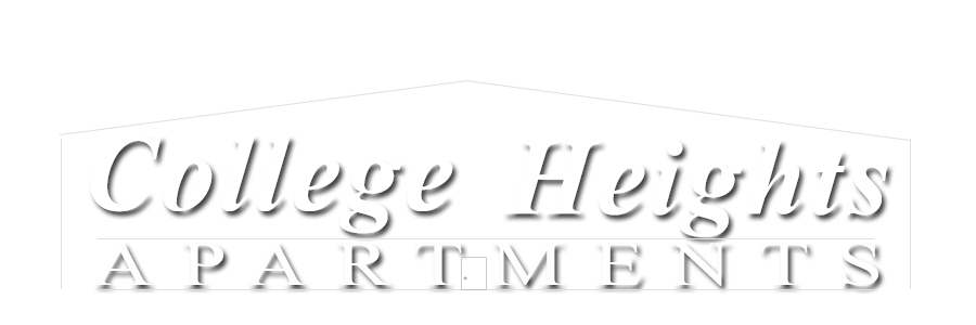 Logo for College Heights Apartments with white text on a dark background, styled to look like a house roof.