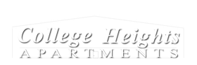 Logo for College Heights Apartments with white text on a dark background, styled to look like a house roof.