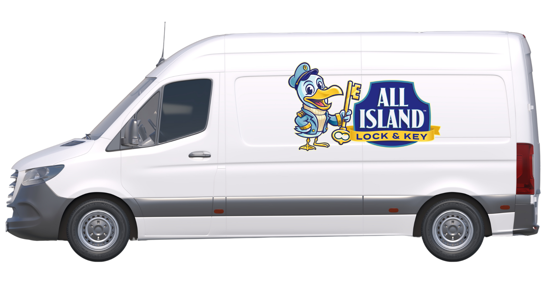 A white van with a duck on the side that says all island lock & key
