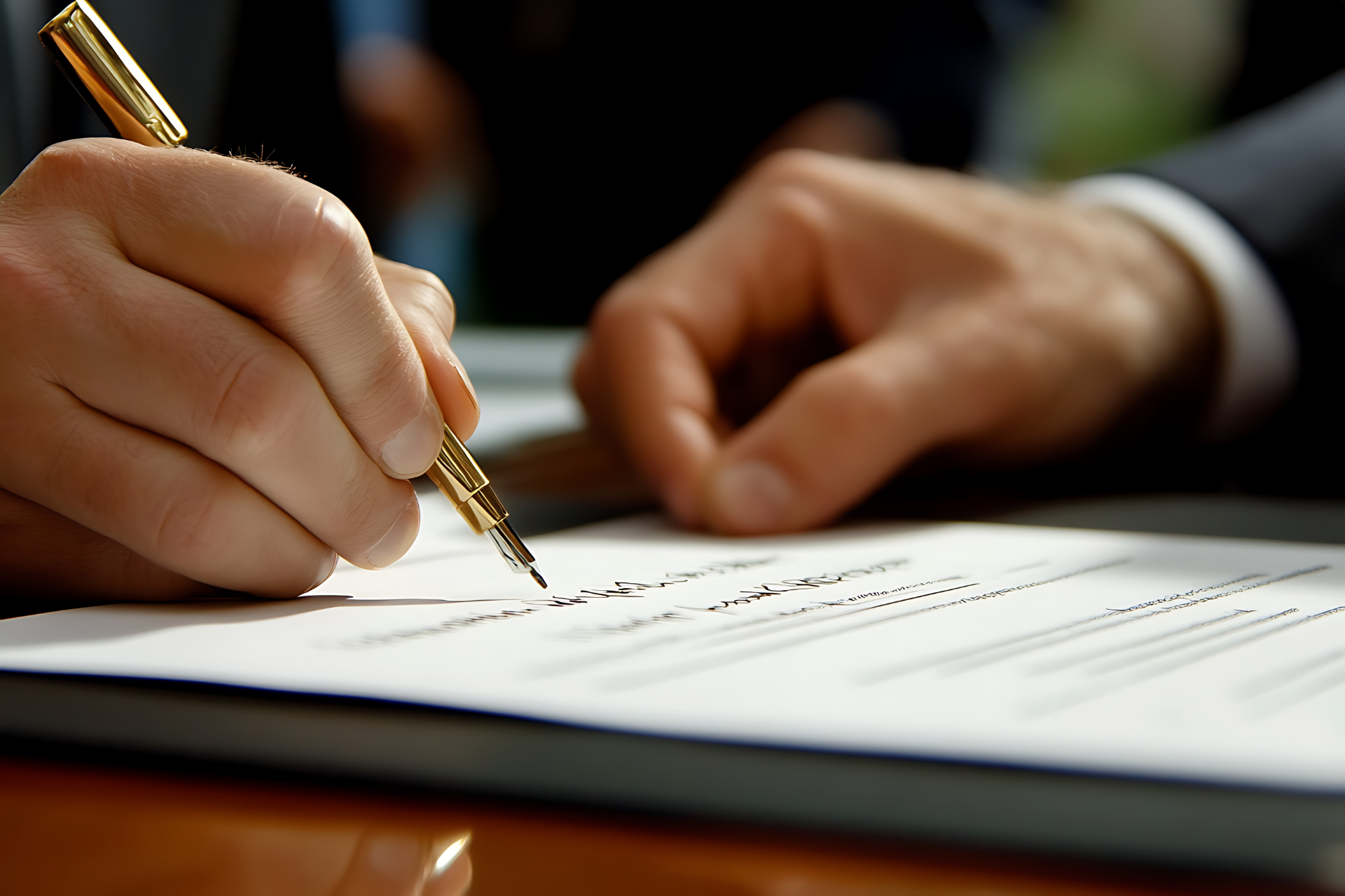 Hands in a suit jacket holding a gold fountain pen, signing a formal legal document on a desk.