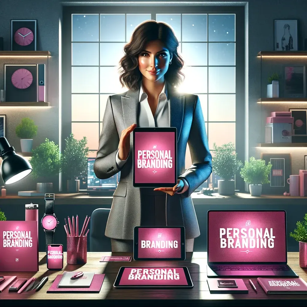 A woman is holding a tablet that says personal branding