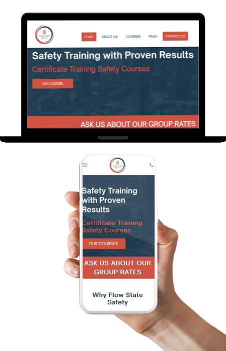 A person is holding a cell phone in front of a laptop  showcasing a Website Design for Flow State Safety