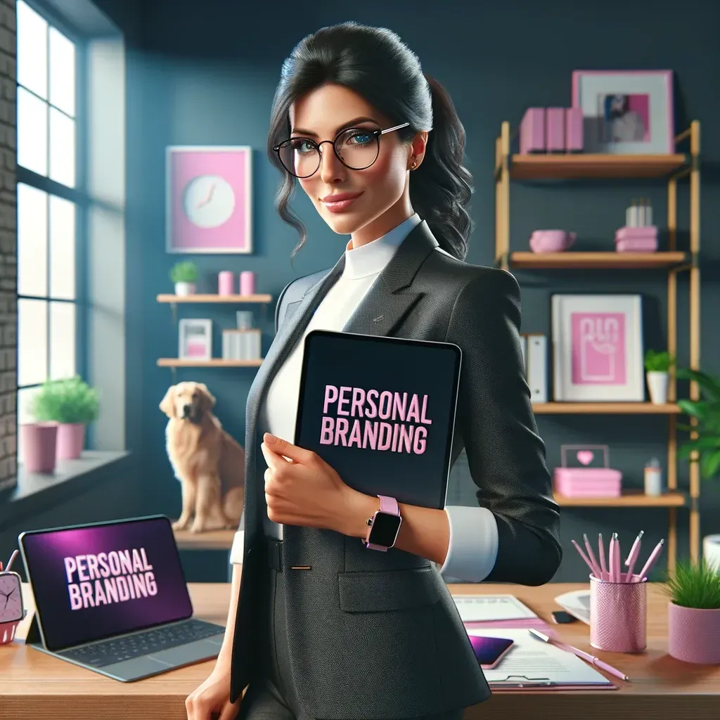 A woman is holding a tablet that says personal branding