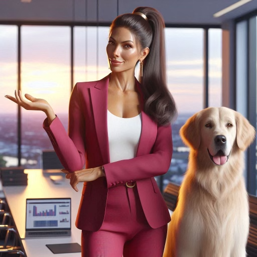 A woman in a red suit is standing next to a dog