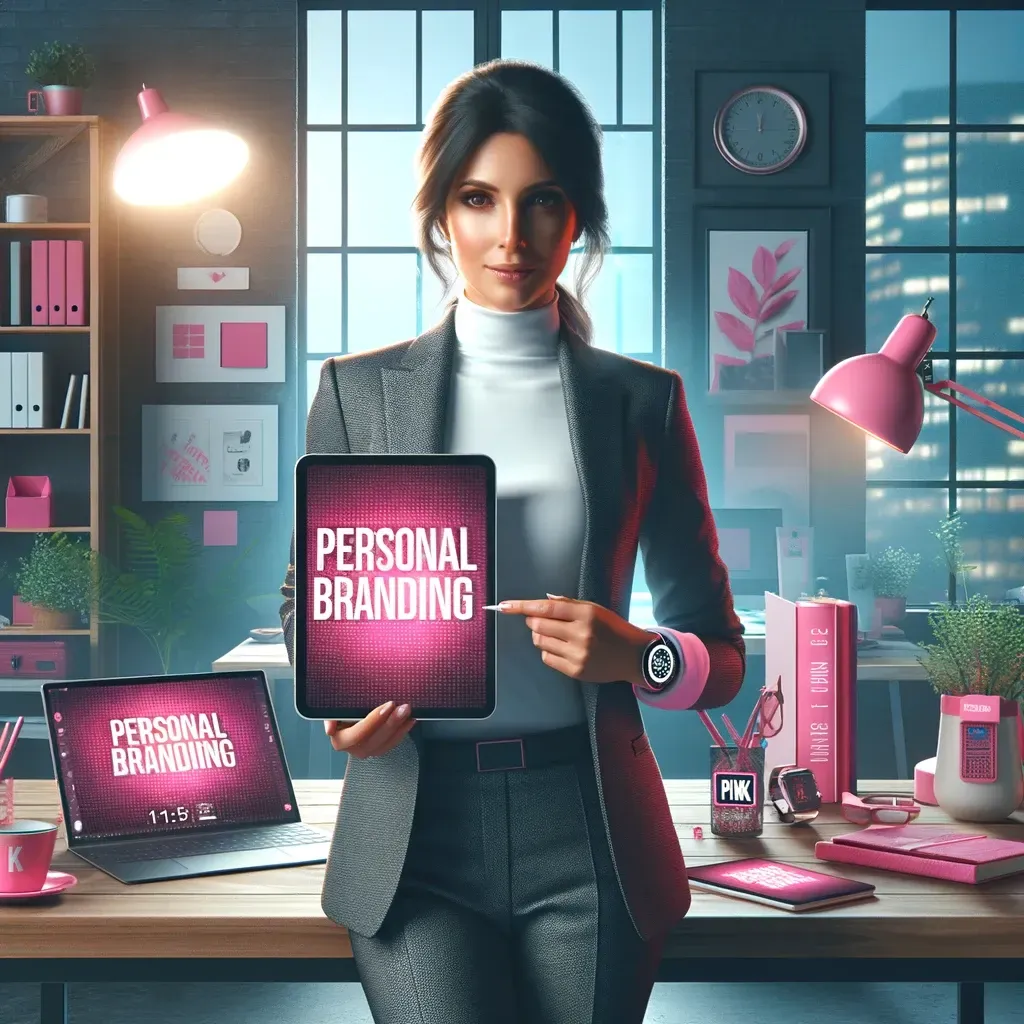 A woman is holding a tablet that says personal branding