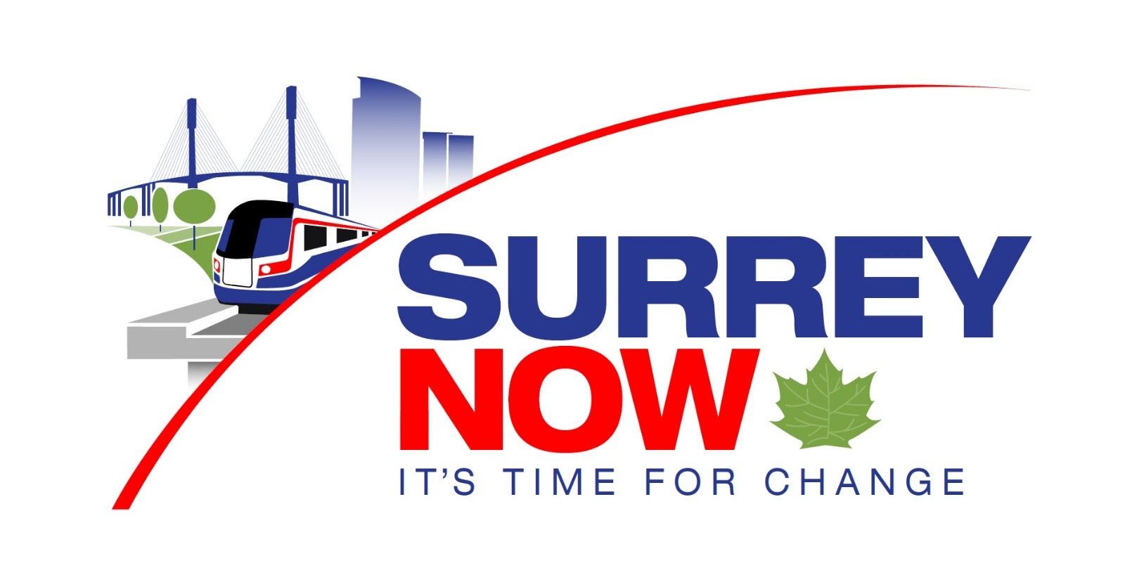 Surrey Now logo with blue and red text, a red swoosh, and city skyline graphic