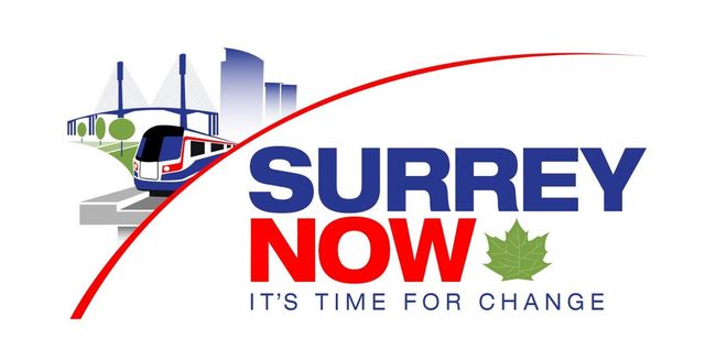 Surrey Now logo with blue and red text, a red swoosh, and city skyline graphic