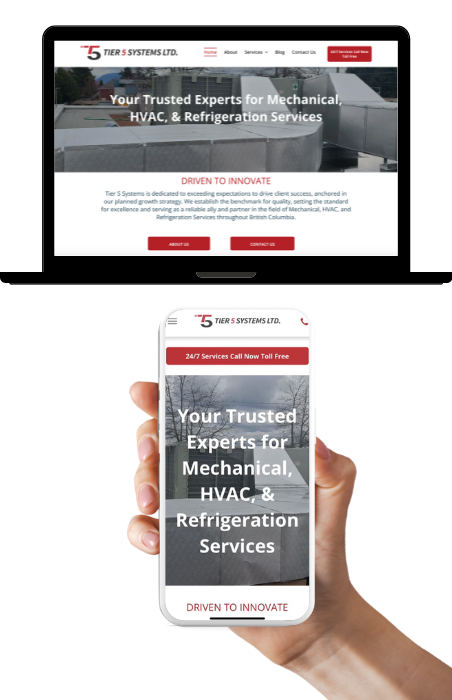 A person is holding a cell phone in front of a laptop  showcasing a Website Design for Tier 5 Systems