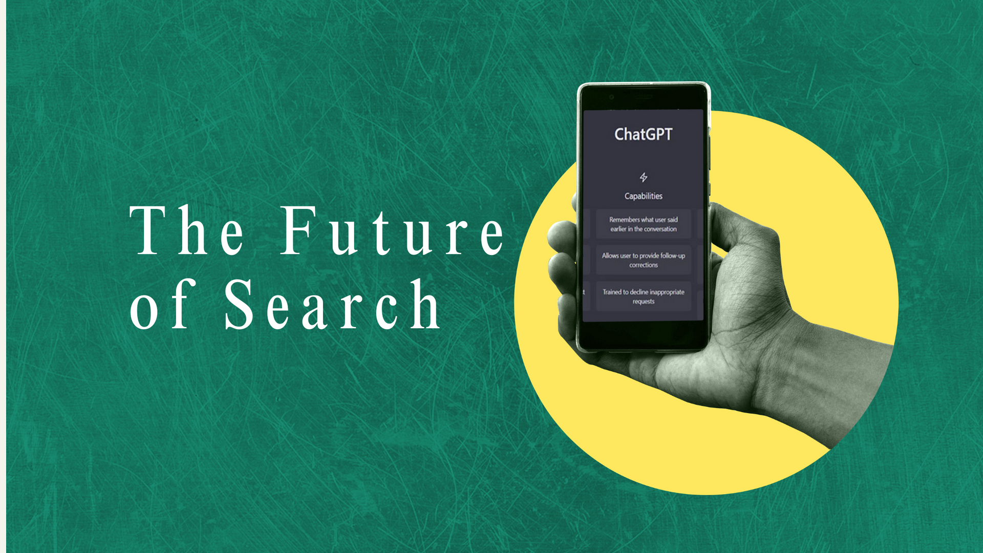 A hand is holding a cell phone in front of a green background that says the future of search