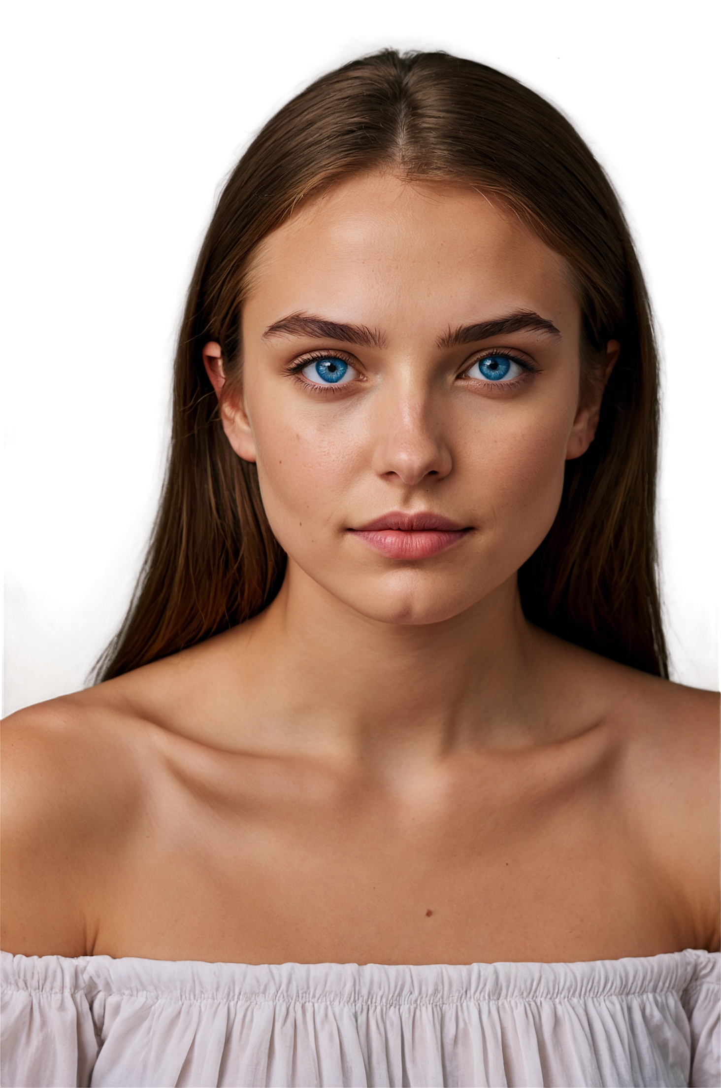 Una mujer de ojos azules lleva una blusa blanca con hombros descubiertos.