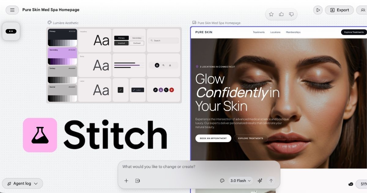 Stitch website editor showing a skincare landing page with a woman’s face and “Glow Confidently” headline