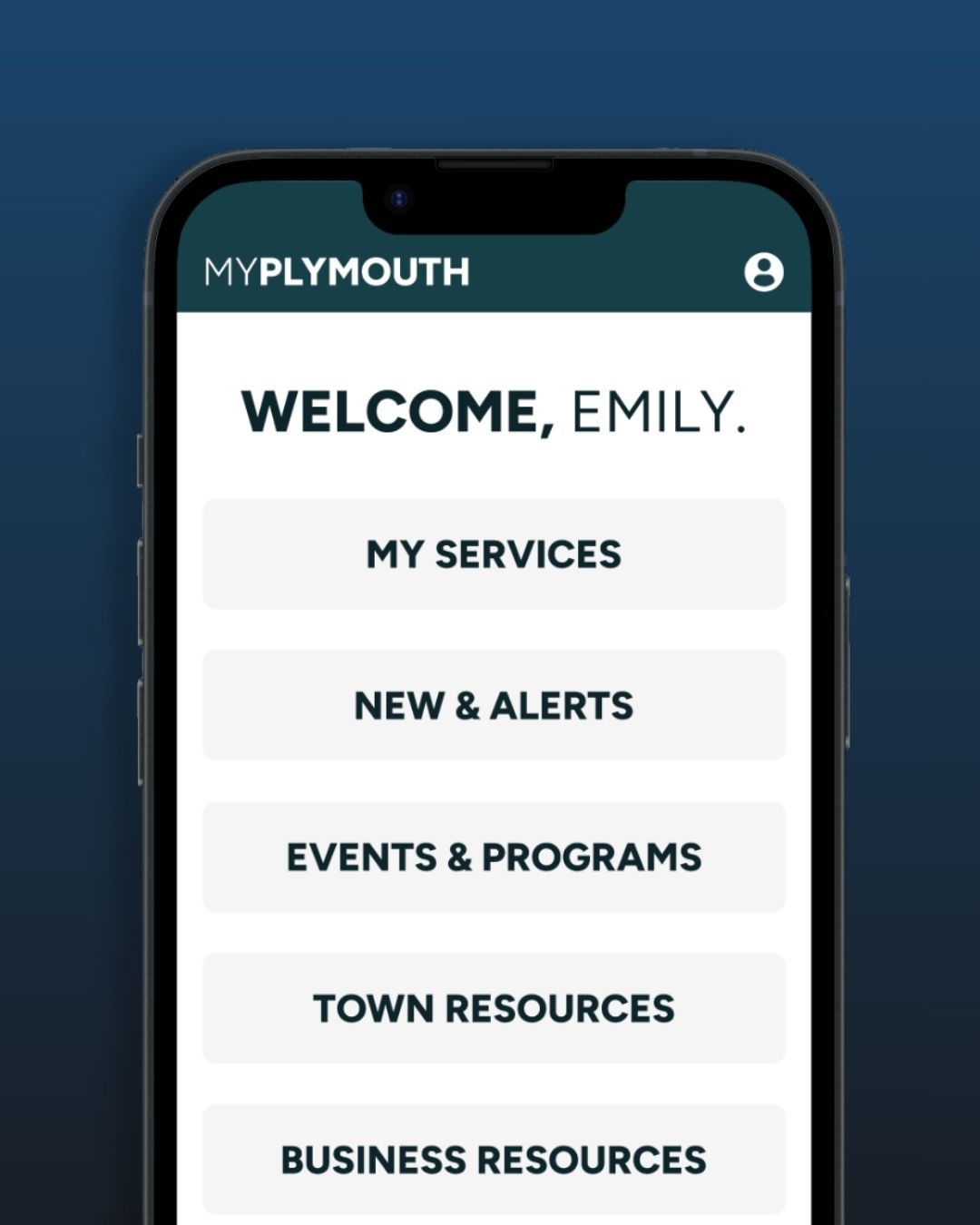 MyPlaymouth app home screen on a smartphone, showing “Welcome, Emily” and menu buttons for services and resources