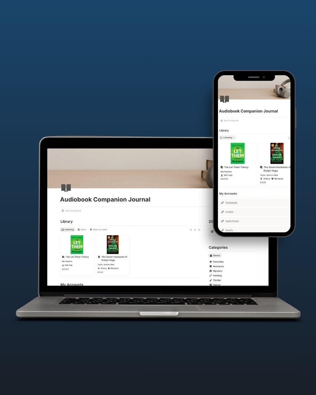 Laptop and smartphone showing the same online store product page on a blue background