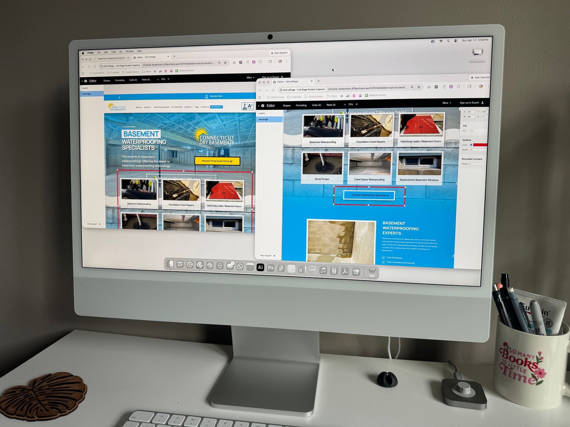 Desktop computer with two overlapping browser windows open on a white desk
