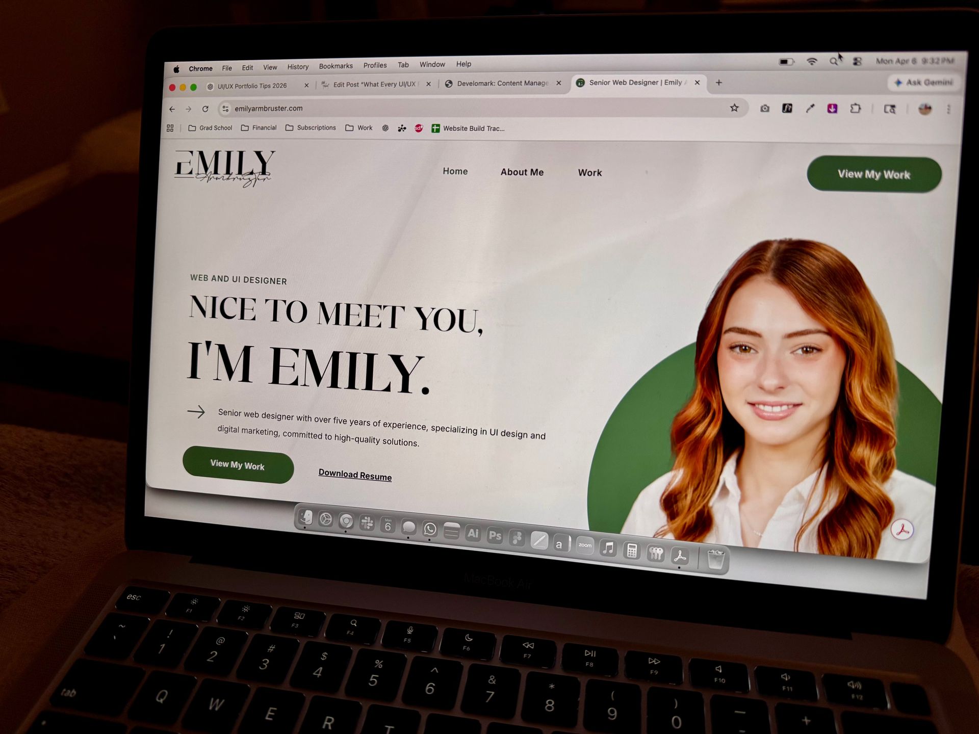 Website homepage with “Nice to meet you, I’m Emily” text and a smiling woman beside it