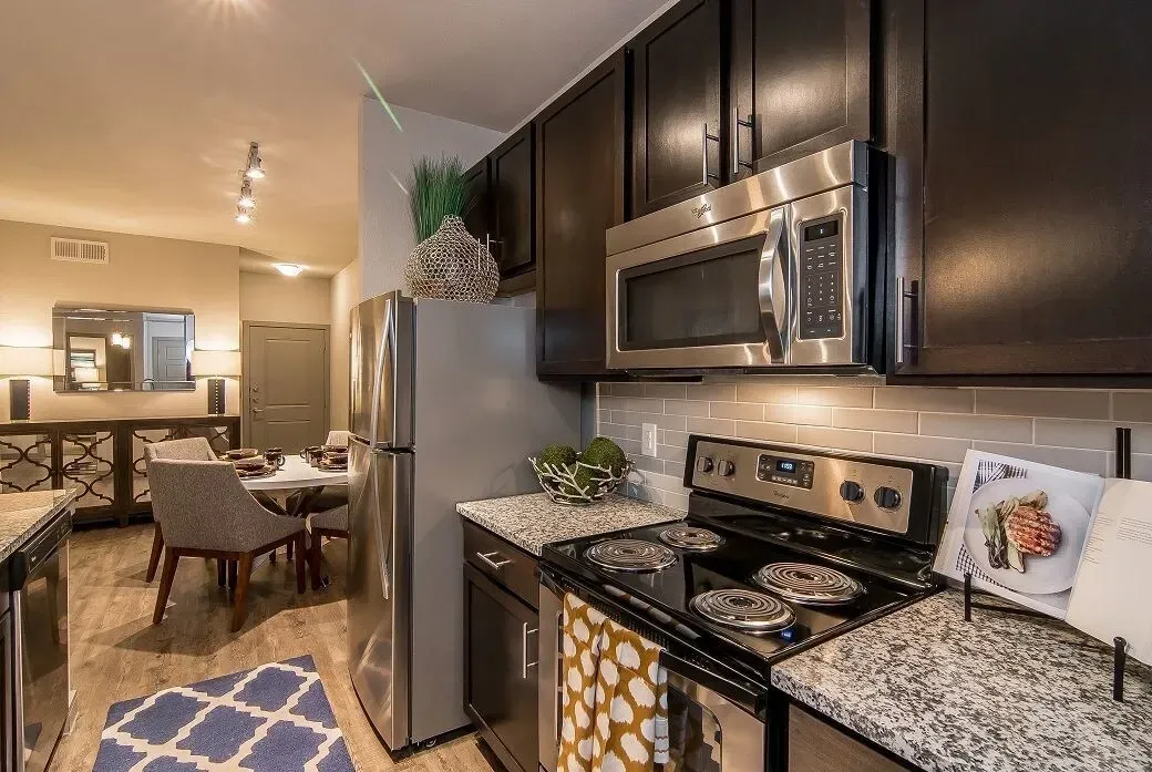 Modern kitchen in an apartment with dark cabinets, granite counters, and stainless steel appliances.