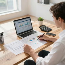 A person working at a wooden desk with a laptop displaying data charts, a calculator, a small plant, and financial papers.