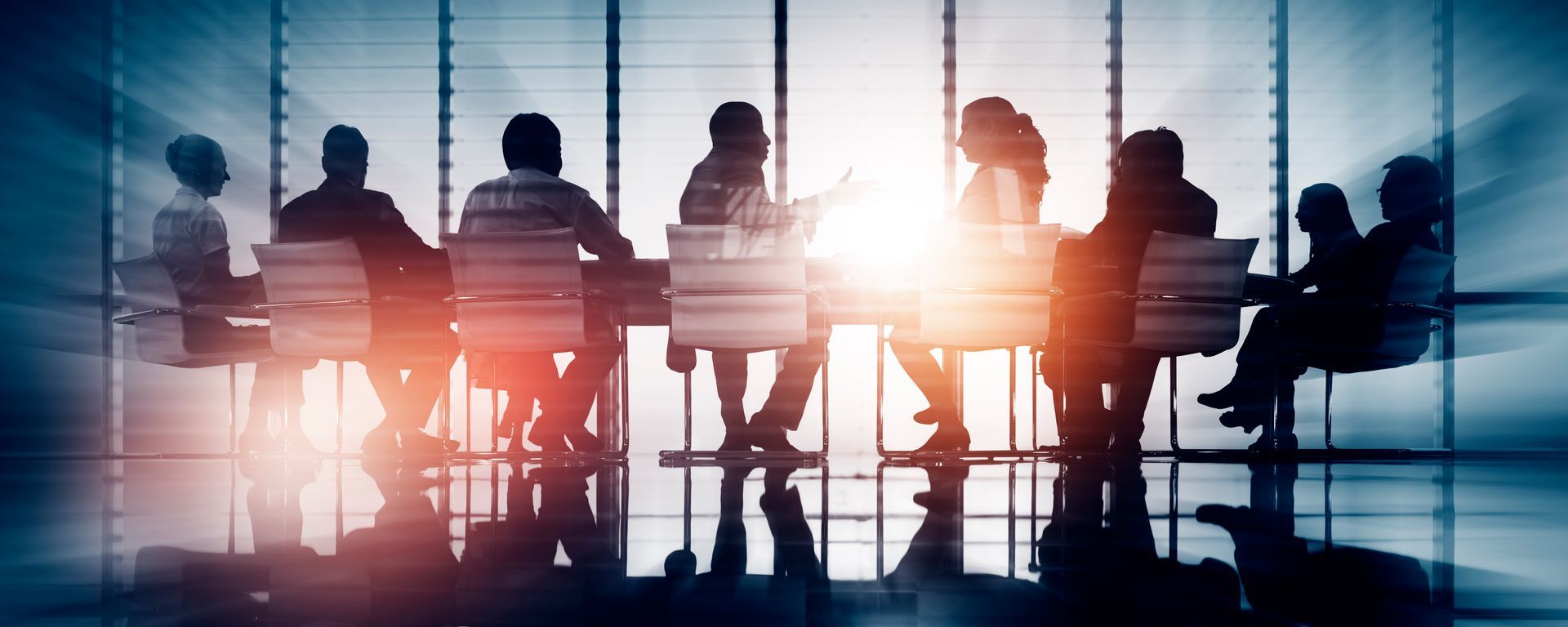 Silhouetted professionals sit around a conference table in a bright, modern office with floor-to-ceiling windows.