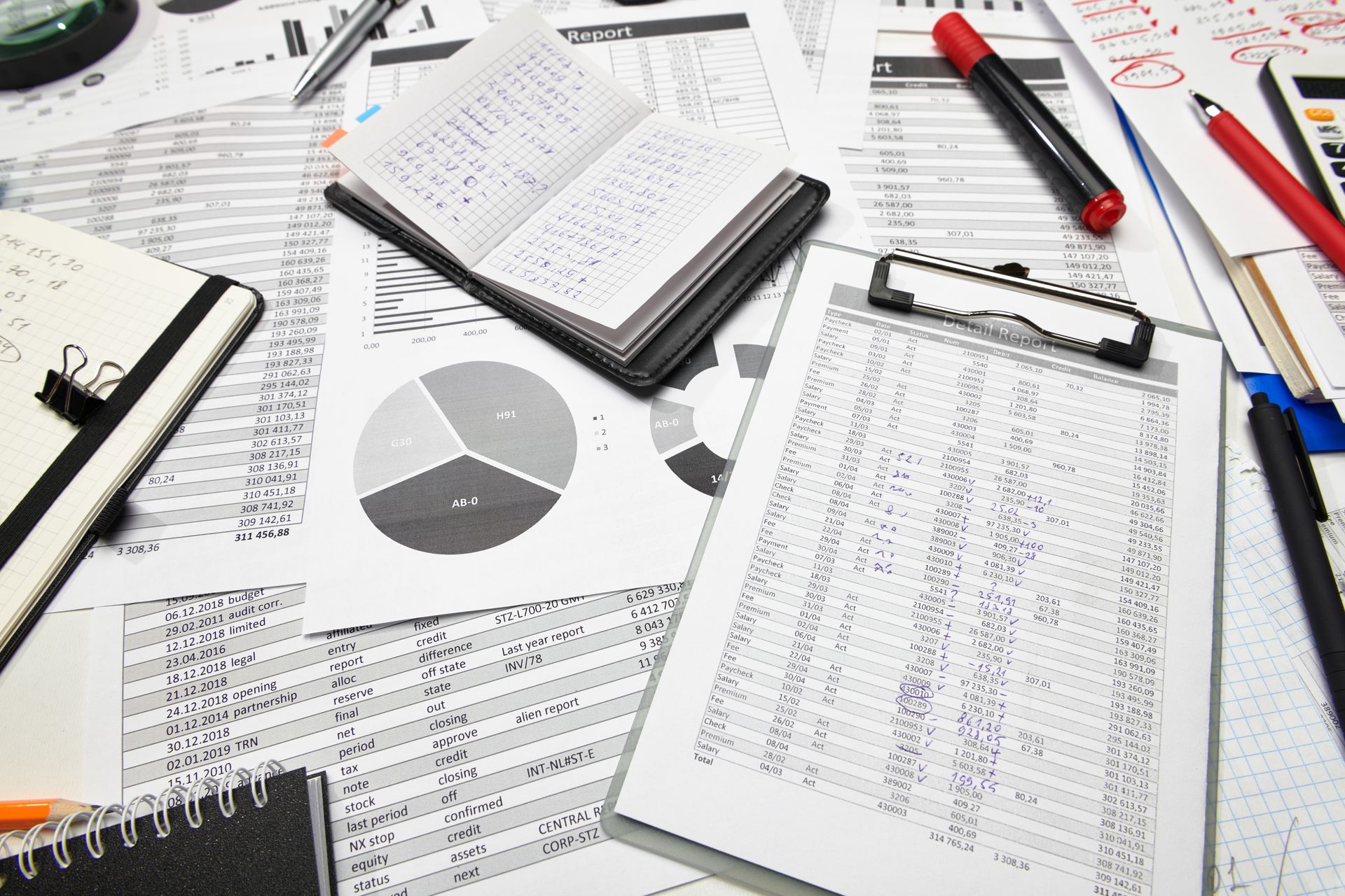 A workspace with financial documents, a pie chart, notebooks, and pens, representing a desk during business analysis.