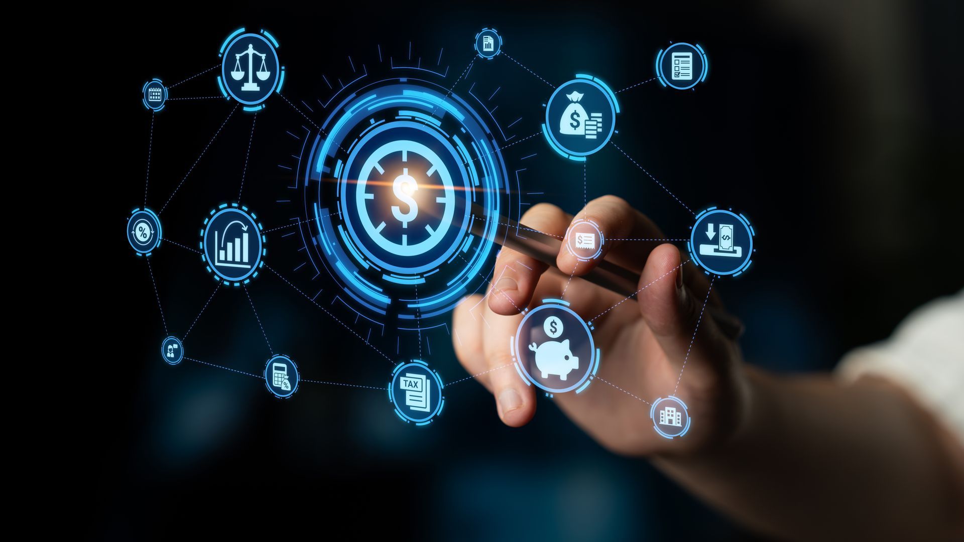 A person holding a pen uses a white calculator over professional business documents and financial charts.