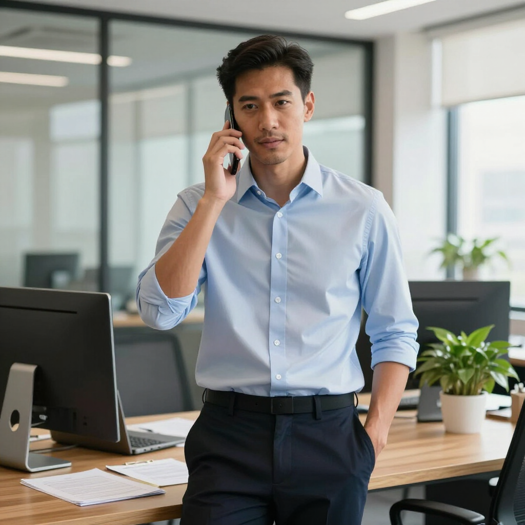 A professional in a light blue shirt stands in an office while talking on a smartphone, leaning against a desk.