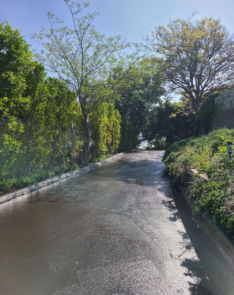 A worker uses a squeegee to apply black asphalt sealer to a paved driveway next to a concrete curb.