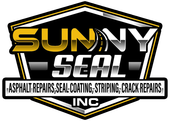 Logo for Sunny Seal Inc. featuring bold, metallic text on a black, shield-shaped background listing asphalt services.