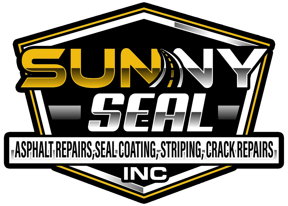 Logo for Sunny Seal Inc. featuring bold, metallic text on a black, shield-shaped background listing asphalt services.