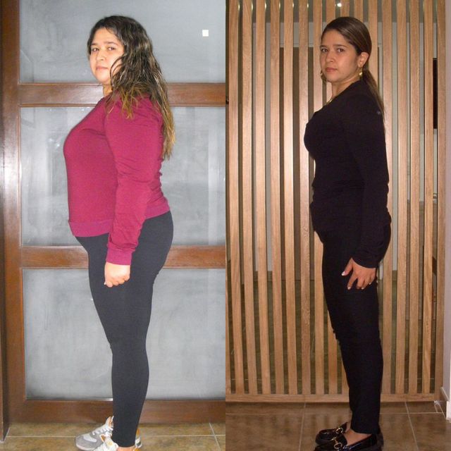 Una foto de antes y después de una mujer con una camisa roja y pantalones negros.