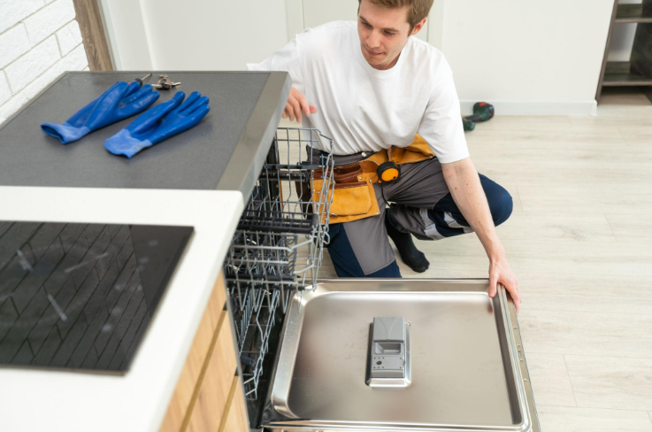“Technician kneeling beside an open dishwasher in a bright kitchen during an appliance repair service in Millcreek, UT”