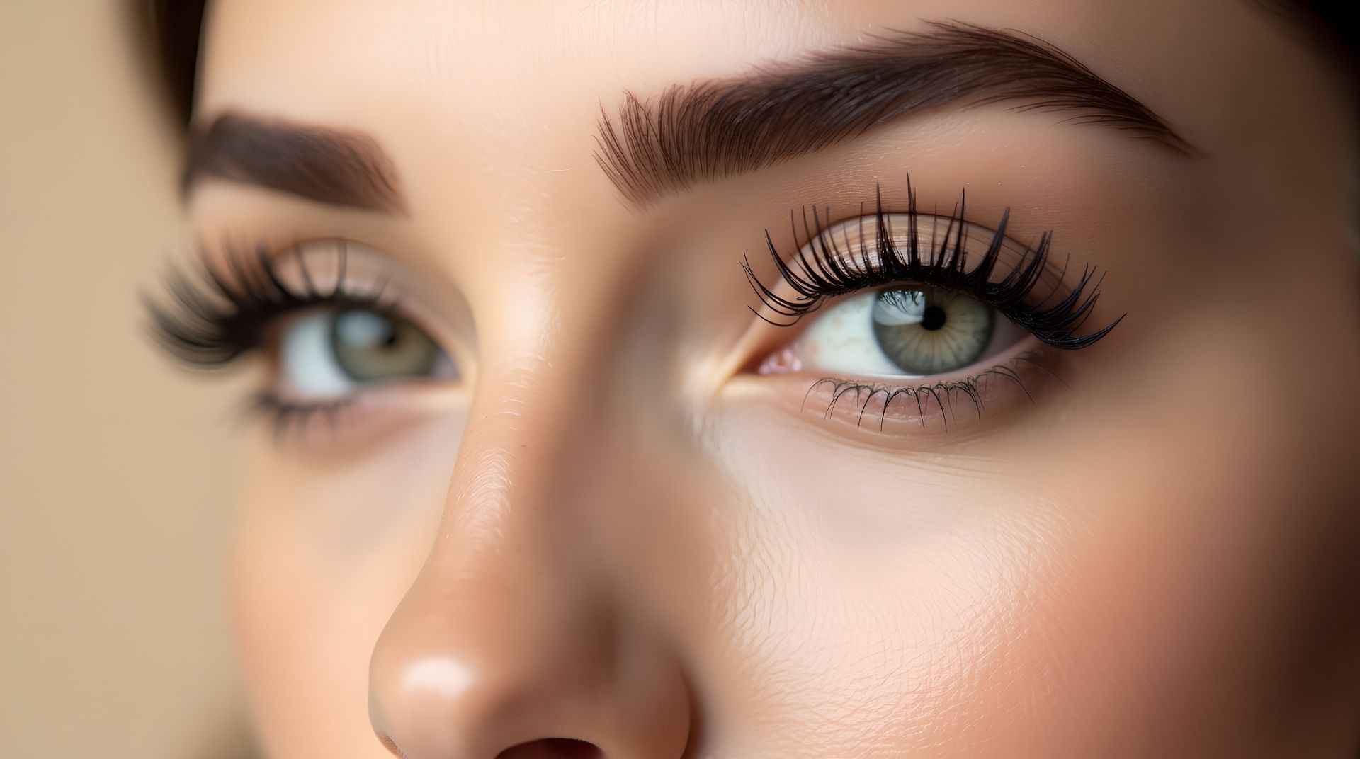 Eine Nahaufnahme der blauen Augen einer Frau mit langen Wimpern.