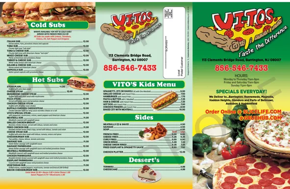 Vito's pizza restaurant menu with various subs, sides, kids' menu items, and pizza.