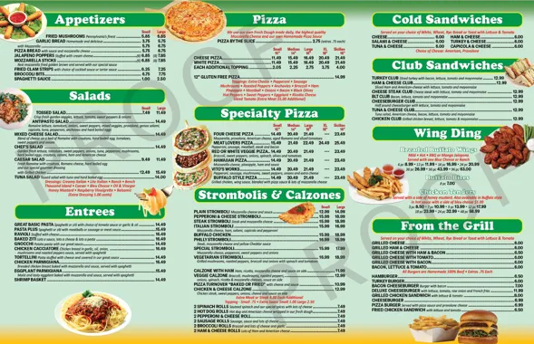 Menu board with appetizers, pizza, salads, sandwiches, entrees, and grilled items. Green and yellow color scheme.