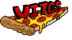 Vitos pizza slice with pepperoni, melted cheese dripping, red text above.