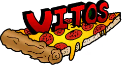 Vitos pizza slice with pepperoni, melted cheese dripping, red text above.